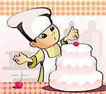 Vector illustration of a confectioner baking a cake