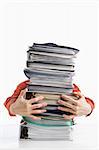 Male hands holding pile of paperworks, over white background