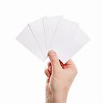 Empty paper cards in woman hand isolated on white background