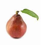 Ripe red pear with green leaf isolated on white background