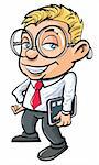 Cartoon cute nerdy office worker with tablet pc