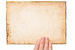 Handmade paper with gold edges in woman hand isolated on white background