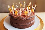 A chocolate birthday cake with lots of candles