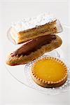 Custard slice, chocolate eclair and lemon tart