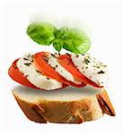 A slice of baguette topped with tomato, mozzarella and basil