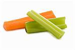 Two Celery Sticks and a Carrot Stick on a White Background