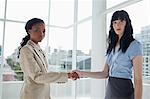 Two businesswomen shaking hands while looking on the side