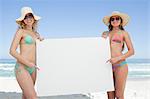 Two women in beach gear holding a blank poster by the sea