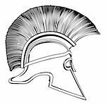 Black and white illustration of a side on ancient Greek Warrior helmet, Spartan helmet, Roman helmet or Trojan helmet.