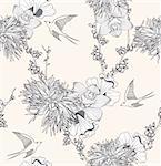 Seamless floral pattern Seamless pattern with flowers and birds. Elegant and romantic background with swallows.