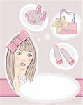 Fashion girl dreaming about bags and shoes. Vector illustration. Background with fashion elements. Young beautiful cartoon girl.