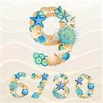 Numbers, vector sea life font on sand background. Check my portfolio for letters.
