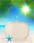 Beautiful seaside view with vintage greeting card, sand and palm leaves. Summer holiday vector background.