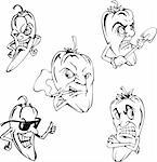Hot peppers. Set of black and white vector cartoon illustrations.