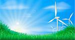 Illustration of wind turbines in green landscape for sustainable renewable energy power generation