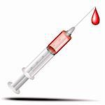 illustration of a syringe with red vaccine and blood drop