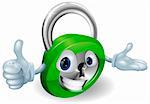 Smiling padlock safety concept mascot with thumbs up and open hand