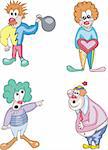 Funny and happy clowns. Set of color vector illustrations.