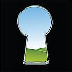 Keyhole illustration. View of landscape through keyhole. Vector.