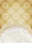 vector lacy napkin on floral background, if you use vector version, you can use floral background as seamless pattern and the whole crumpled paper napkin with golden laces, eps 10, gradient mesh