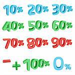 The blue, green, red 3D discount sums isolated on the white background