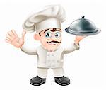 A cute French chef mascot with moustache holding a silver food platter and looking at viewer