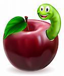 Illustration of a cute happy green caterpillar or worm coming out of a juicy red apple