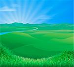 An idyllic rural landscape illustration with rolling green grass hills and a sun rising over mountains