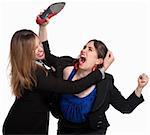Two professional woman fighting over white background