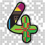 Funny fat figure 4 decorated with abstract ethno pixel-art model over neutral mosaic