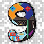 Funny fat figure 9 decorated with abstract ethno pixel-art model over neutral mosaic