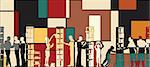 Colorful editable vector mosaic illustration of people in a library