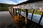 Hand made pier on lake close up, beautiful landscape and reflection