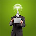 Idea concept, lamp head businessman in suit with touch pad in his hands