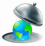 Illustration of the world globe on a silver platter. Concept for world on plate (opportunity or success), or environmental stewardship.