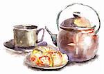 Cup of tea with buns, watercolor illustration