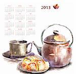 Calendar for 2013 wit watecolor illustration a Cup of tea with buns