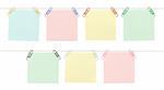 Seven blank sticky notes held on strings with colorful paperclips isolated on white.