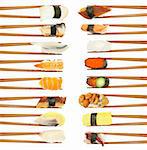 16 different types of sushi being held up in in two vertical rows with wooden chopsticks isolated on white.