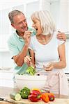 Senior Couple Preparing Salad In Modern Kitchen