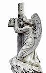 Angel grieving. Stone sepulchral statue. Isolated on a white black background.