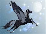A beautiful black and white Pegasus flies up into the sky on long feathered wings.
