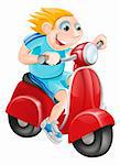 Illustration of a happy man driving fast on his red moped