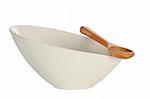 white bowl and wood spoon isolated on white background