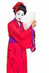 Portrait of geisha with fan isolated on white