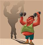 young fat man lifiting Dumbbells and dreaming to be strong