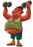 fat young man smiling and lifting a Dumbbells