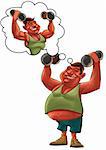 young fat man lifting Dumbbells and dreaming to be strong