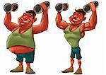 two guys, one fat and another strong with Dumbbells