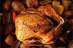 Whole Roasted Free Range Chicken with Herbs in a Pan with Organic Vegetables